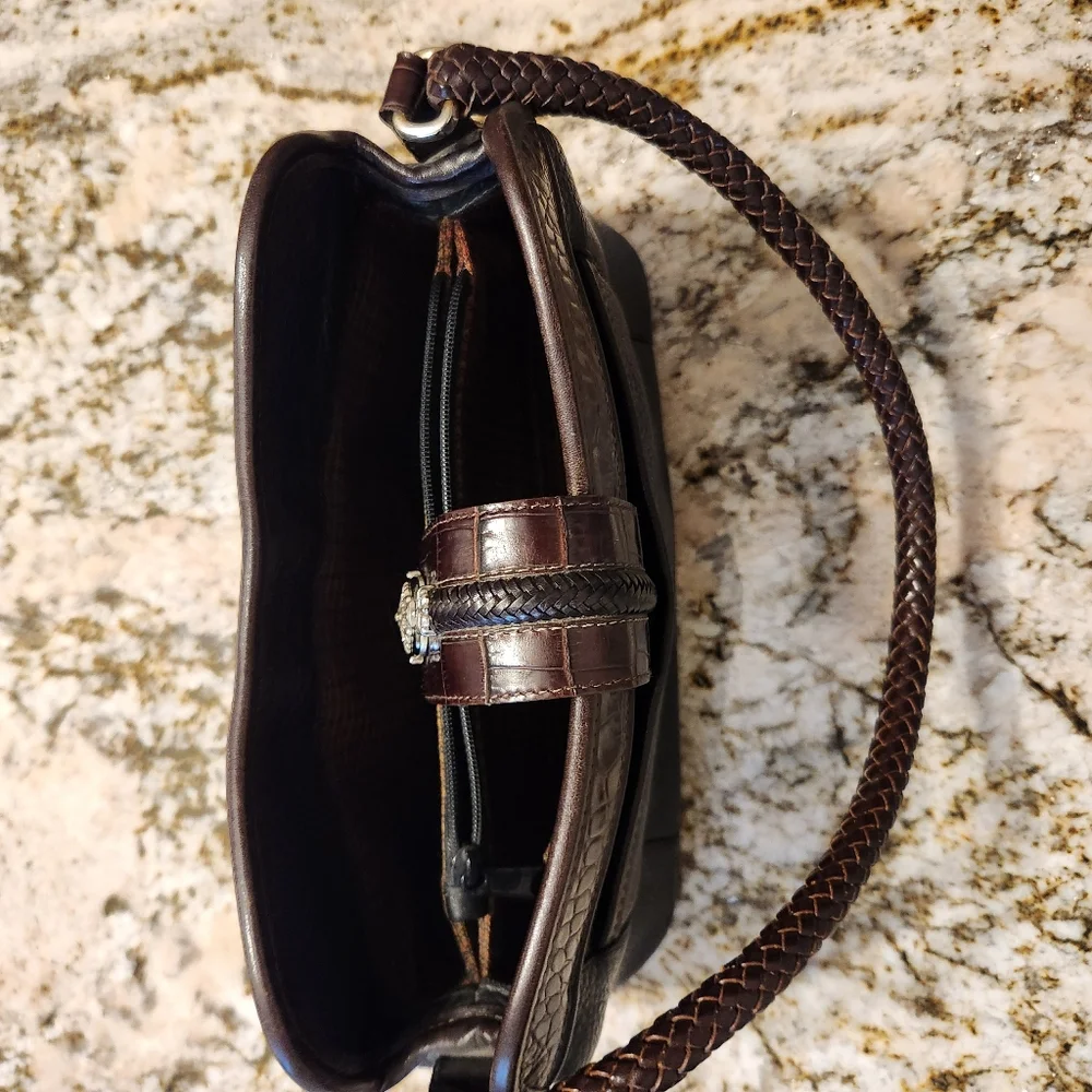 BRIGHTON Purse Vintage black & brown leather shoulder bag w/ Croc pattern, EUC